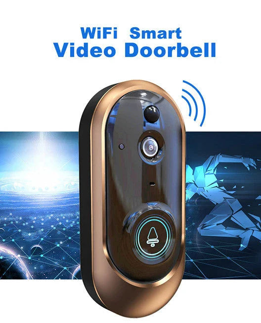 Low-power smart doorbell in gold, featuring wireless design and dual power options