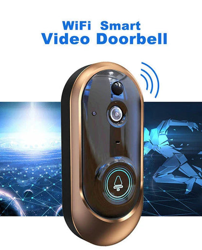 Low-power smart doorbell in gold, featuring wireless design and dual power options
