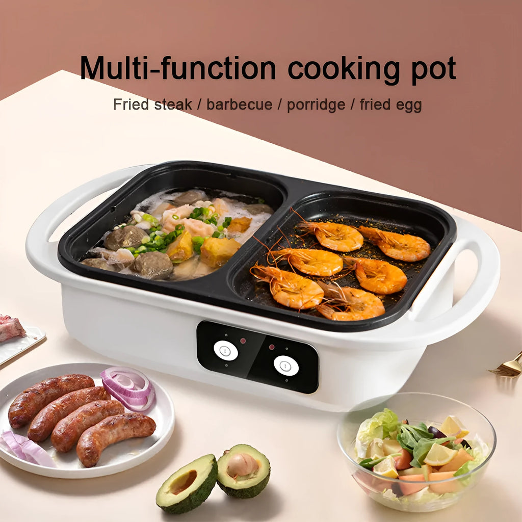 White electric hot pot frying oven with mechanical controls showing compact 390x220x120mm dimensions