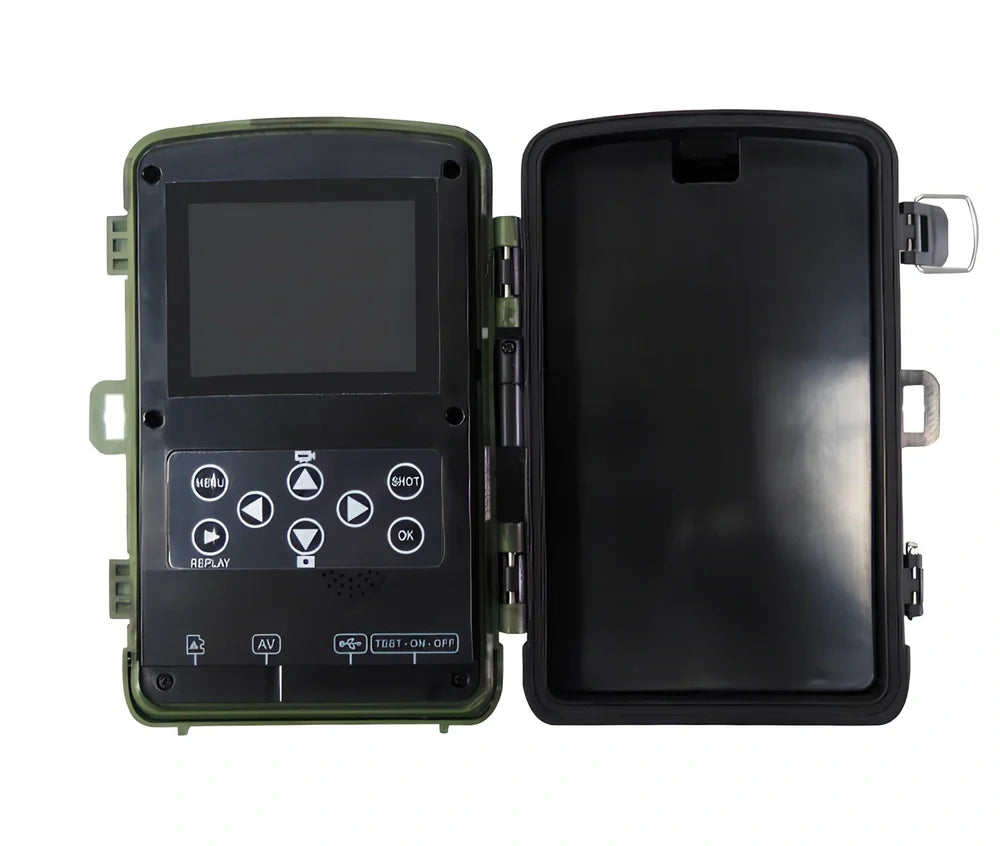 Military green Wild Hunting HD camera with 12x zoom lens and 2.0-inch LCD for trail and night use, 1080p resolution