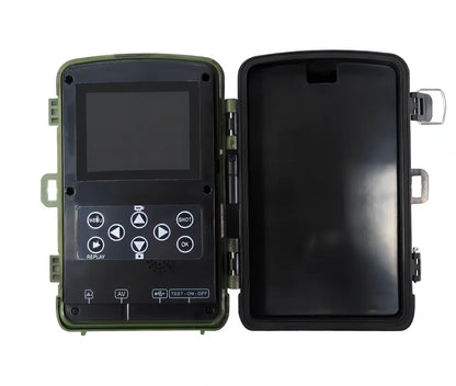 Military green Wild Hunting HD camera with 12x zoom lens and 2.0-inch LCD for trail and night use, 1080p resolution