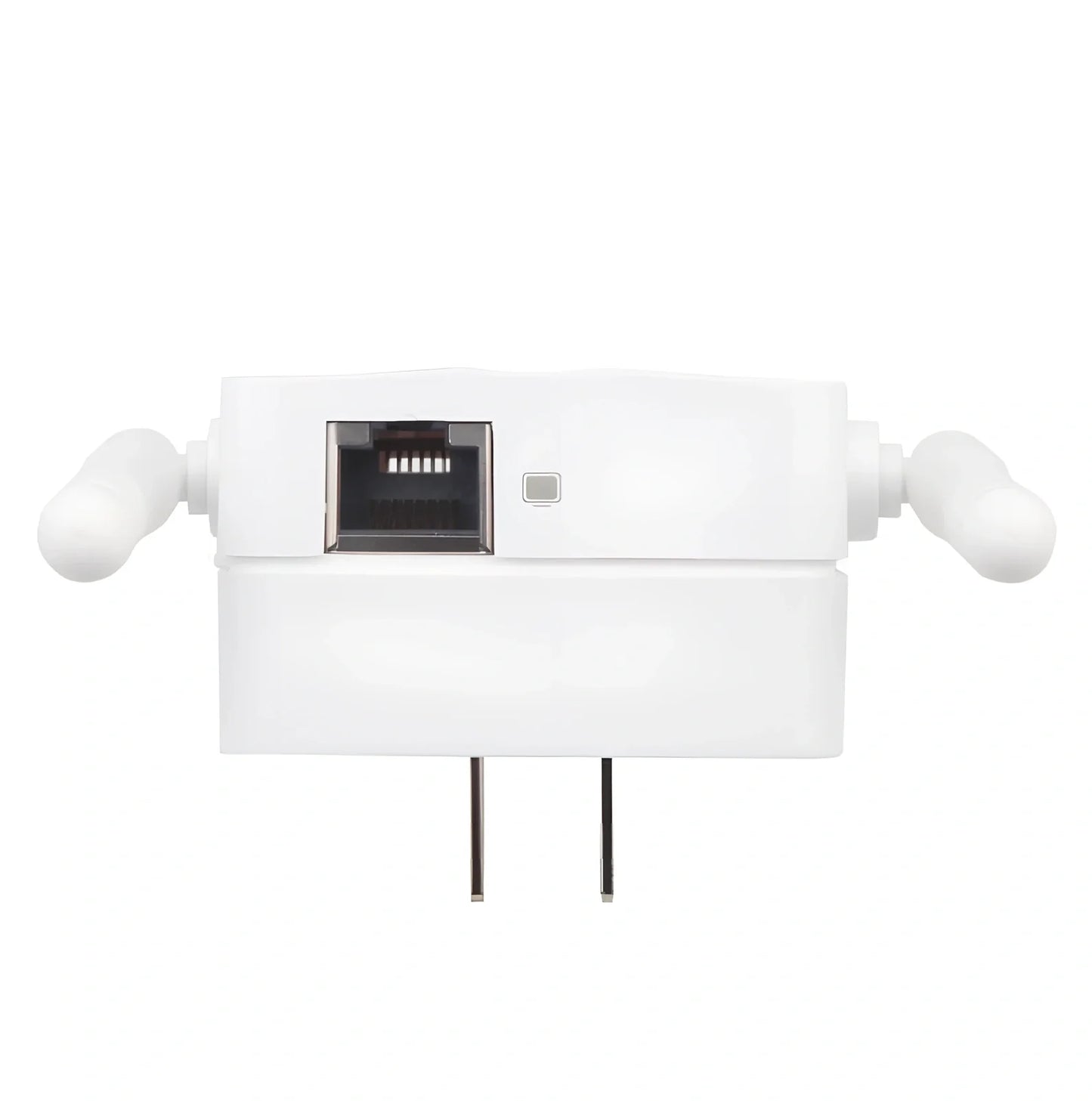 White WiFi signal amplifier measuring 10x9x7cm with 300Mbps speed and 300m range
