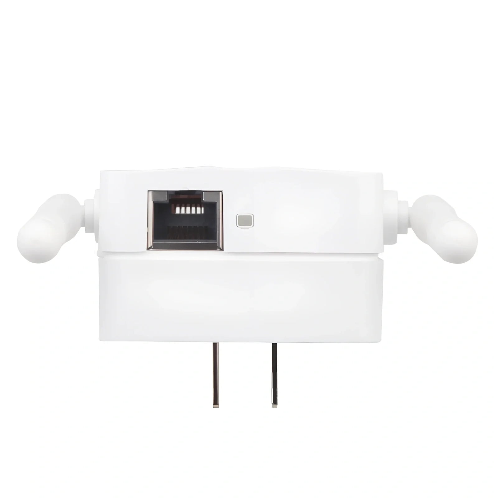 White WiFi signal amplifier measuring 10x9x7cm with 300Mbps speed and 300m range