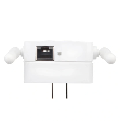 White WiFi signal amplifier measuring 10x9x7cm with 300Mbps speed and 300m range