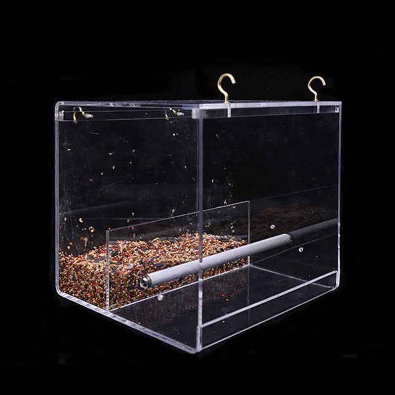 Clear acrylic bird feeder food box for parrots, non-toxic, small size 13x11x13cm