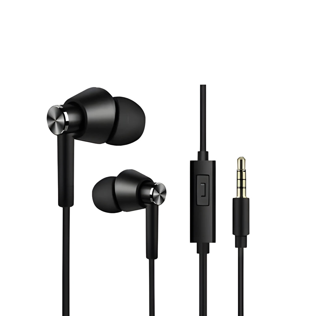 Black and white in-ear earphones with wired connection and subwoofer for computer and mobile phone use
