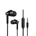 Black and white in-ear earphones with wired connection and subwoofer for computer and mobile phone use