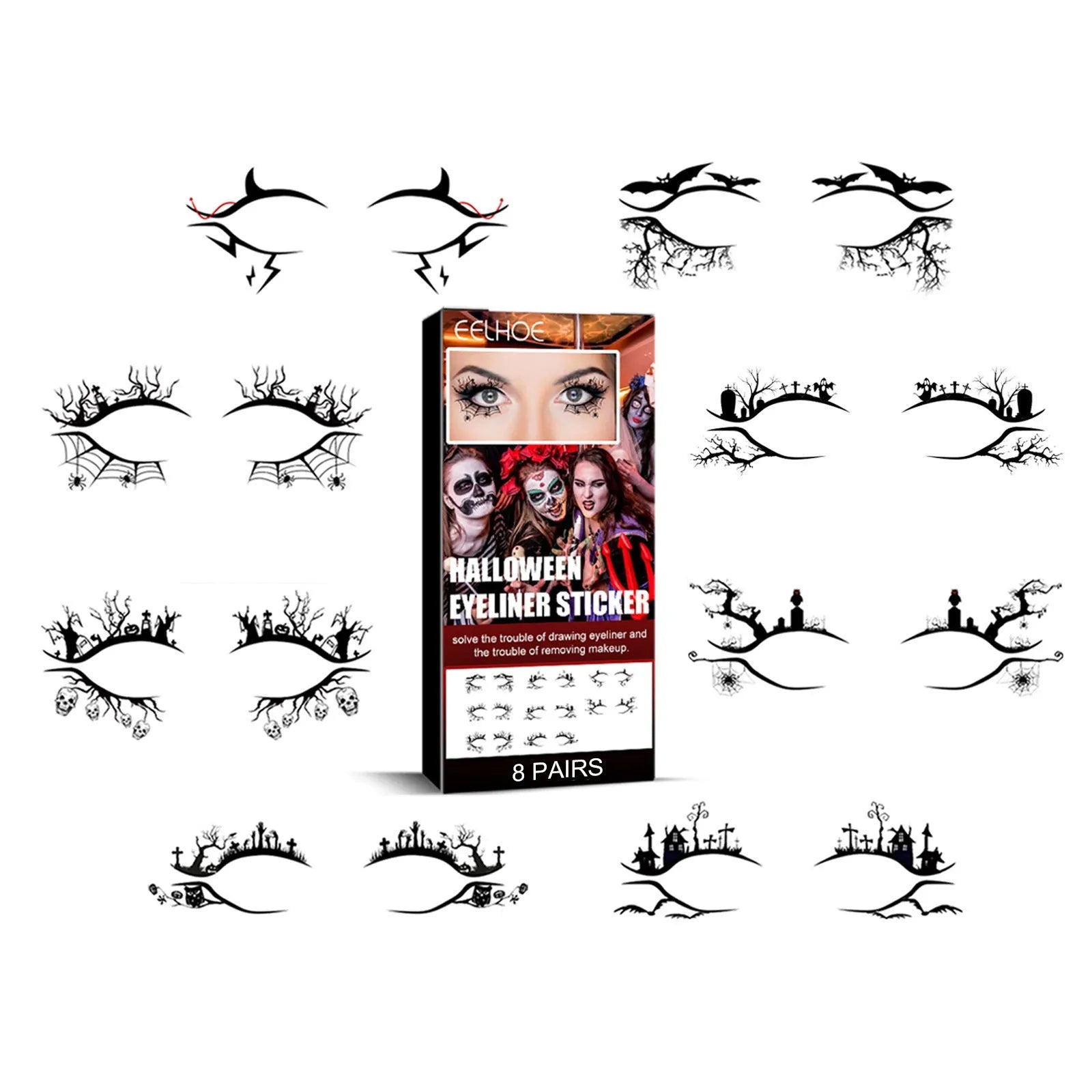 Bat and spider decorative eyeliner stickers set with 8 pairs for Halloween makeup