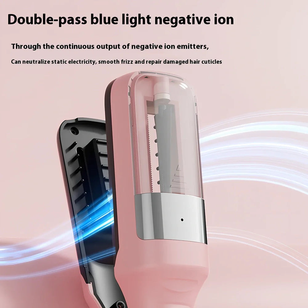 Cordless beige hair ends trimmer with 1/4-inch fixed cut, USB cable, comb and pillows for split end removal