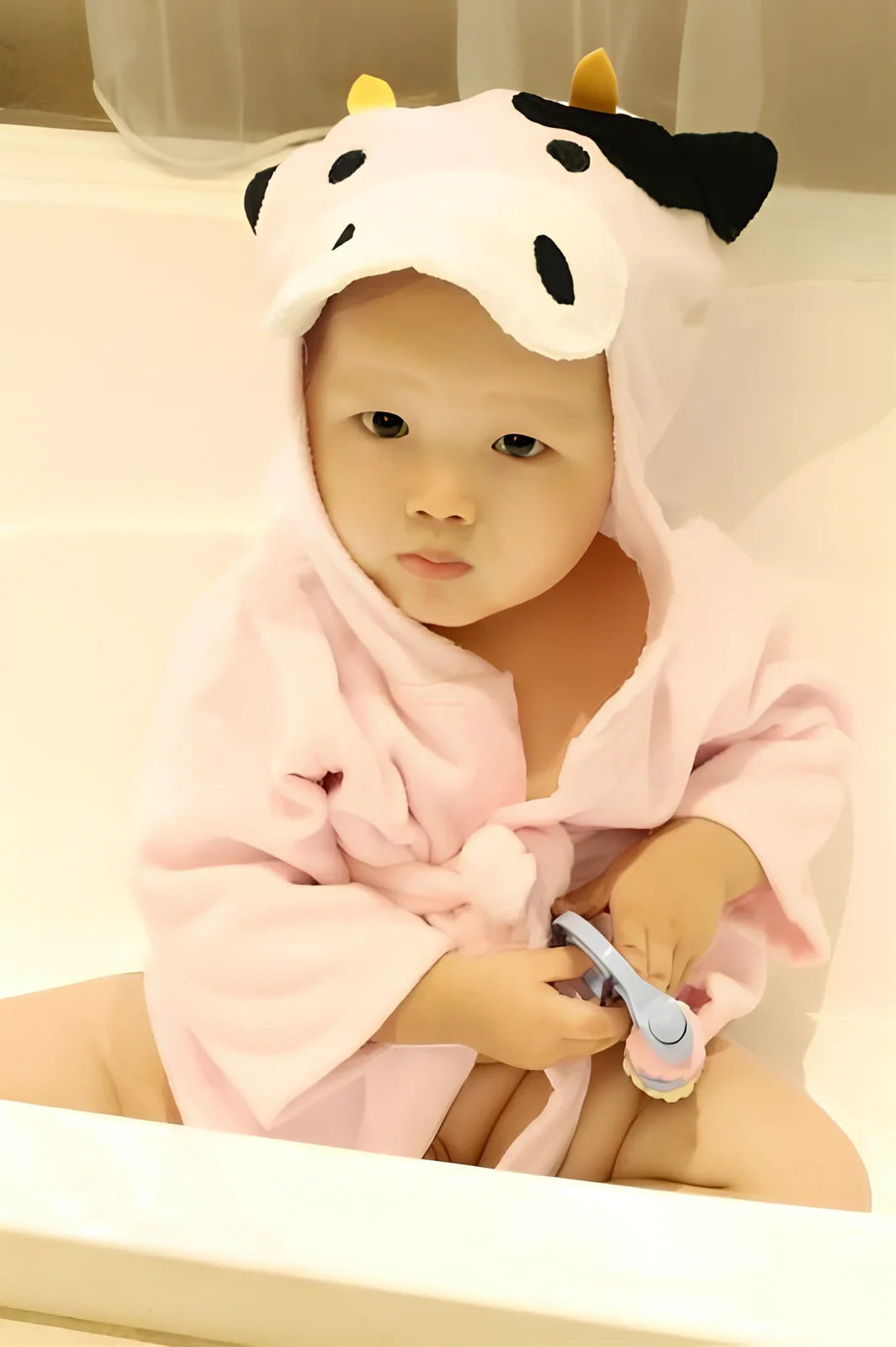 Cotton baby bathrobe with animal hood showing panda design, belt fastening, and absorbent fabric