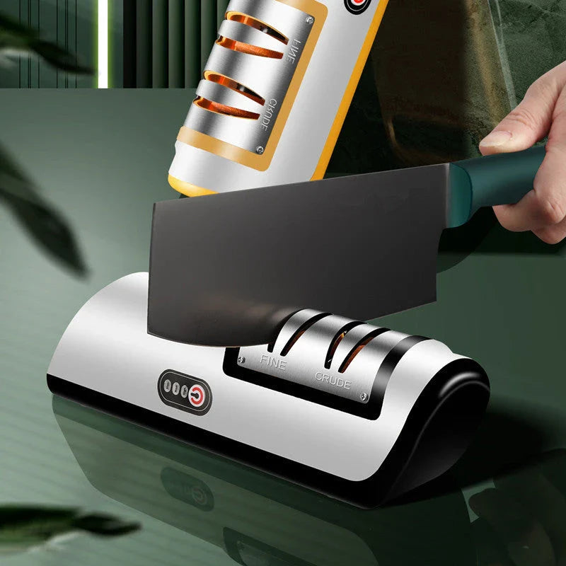 Rechargeable electric knife sharpener with automatic adjustment for fast, smooth sharpening of knives, scissors, and grinders