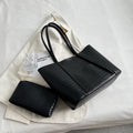 PU leather shoulder tote bag with embossed texture, open pocket, soft handle, horizontal square shape