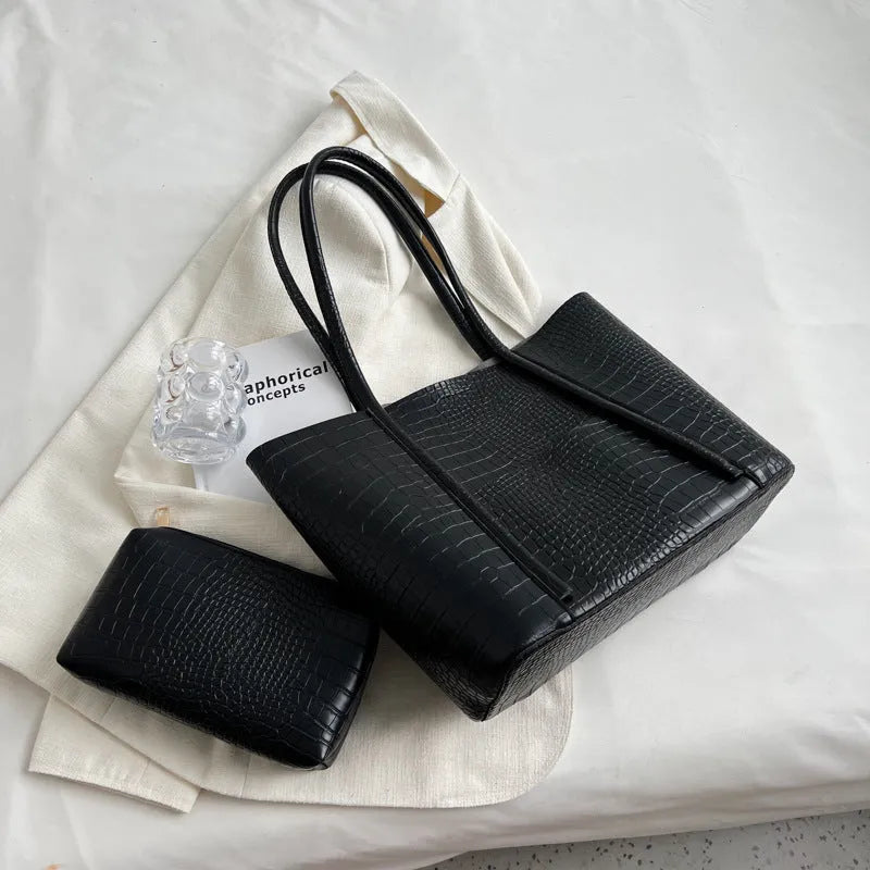 PU leather shoulder tote bag with embossed texture, open pocket, soft handle, horizontal square shape