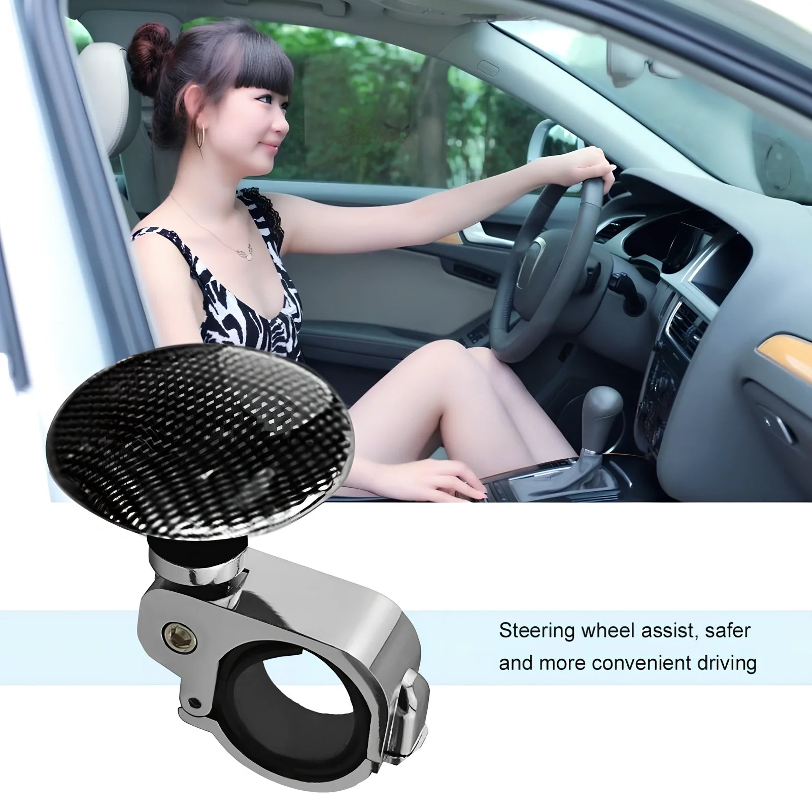 Adjustable stainless steel steering wheel booster in black, fitting up to 32mm thick rims for cars