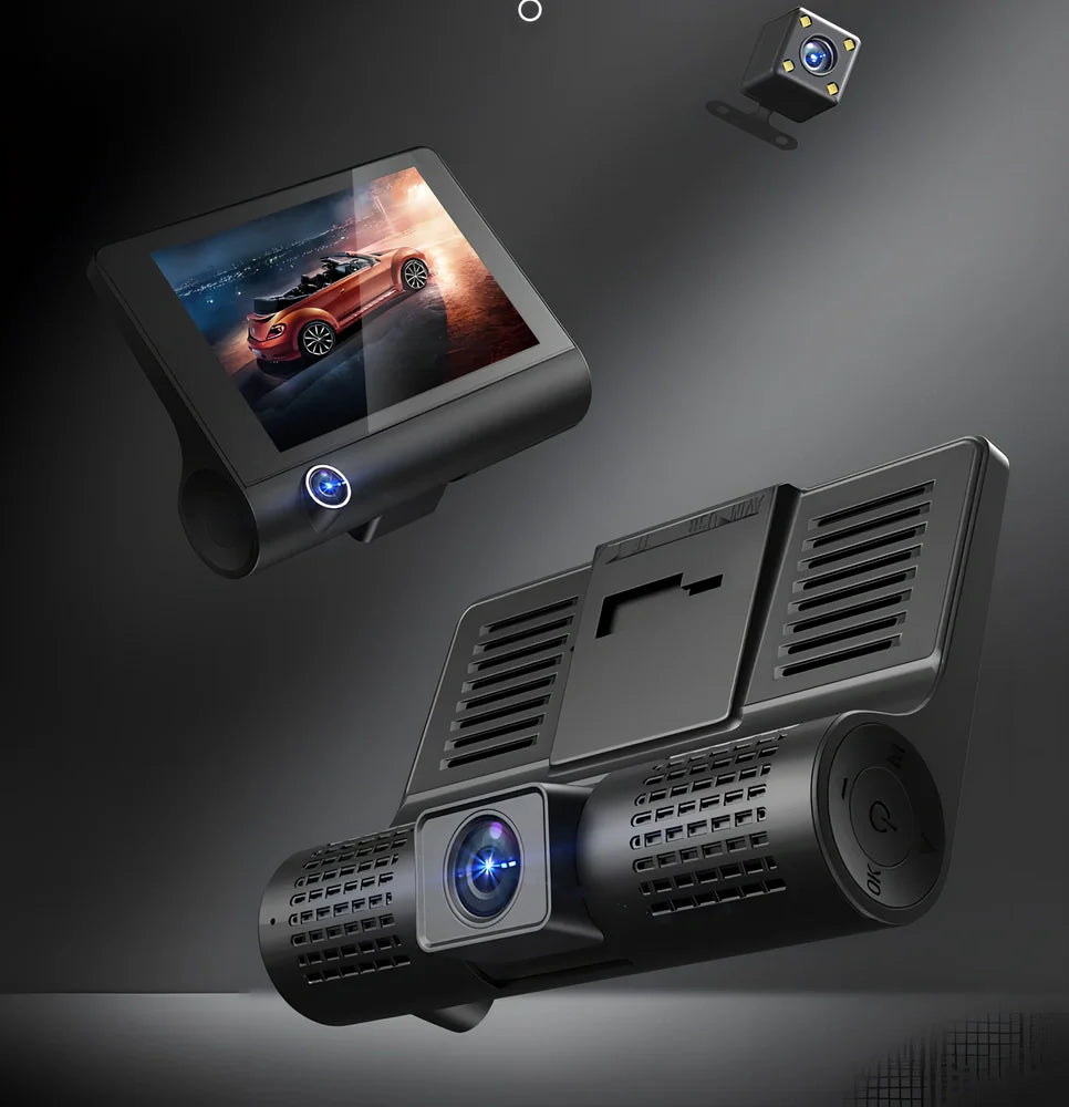 1080P dash cam with 170° front lens, 6-glass construction, and rear cable for dual recording