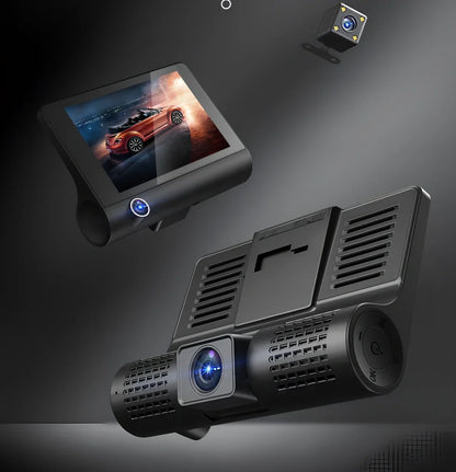 1080P dash cam with 170° front lens, 6-glass construction, and rear cable for dual recording