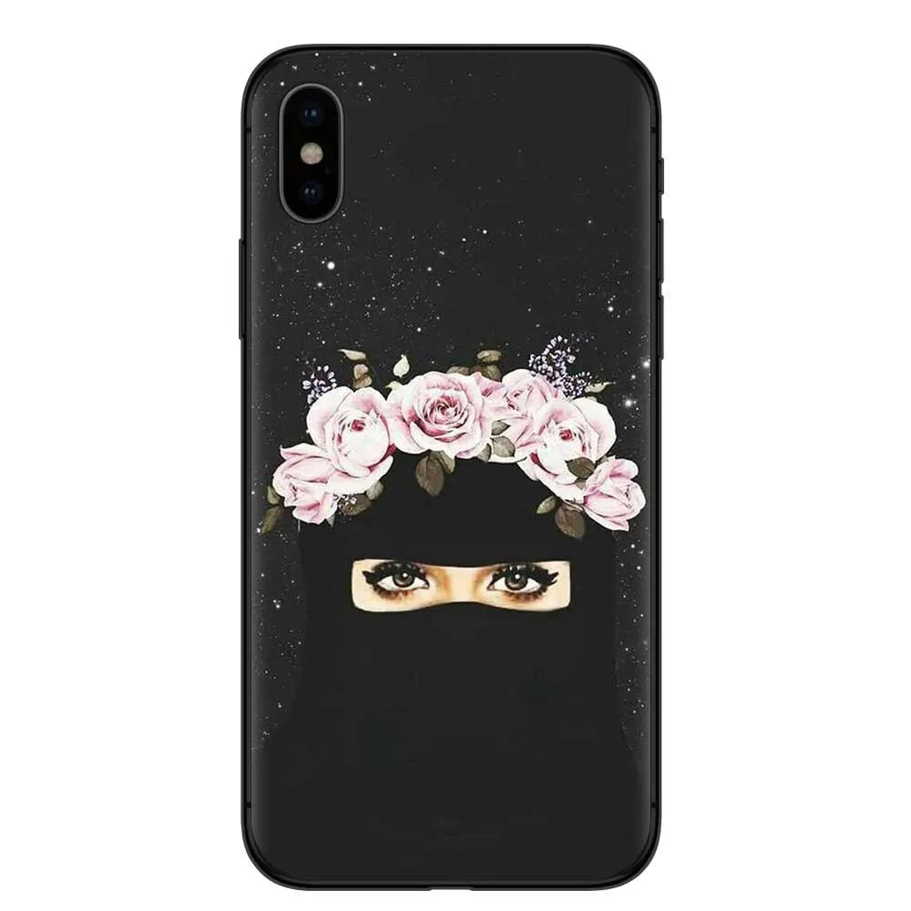 Islamic hijab veil design iPhone case with floral rhinestone patterns on TPU back cover