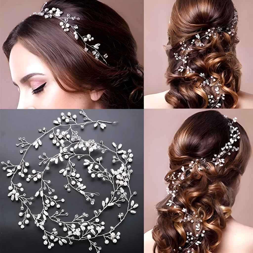 A gold crystal pearl hair band for long hair made of copper and iron wire, shown at 100cm length.