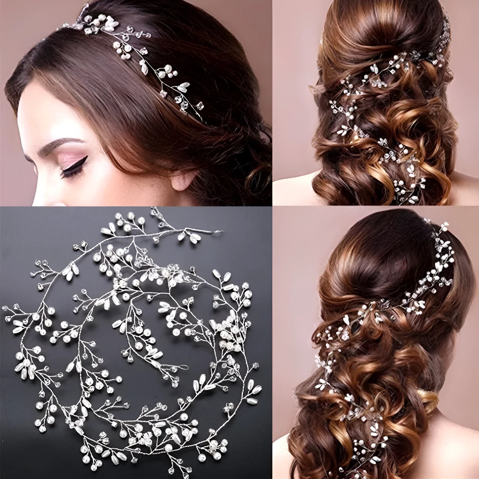A gold crystal pearl hair band for long hair made of copper and iron wire, shown at 100cm length.
