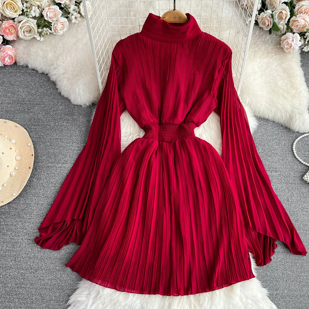Horn long sleeves stand collar high waist A-line chiffon dress in orange-red colour