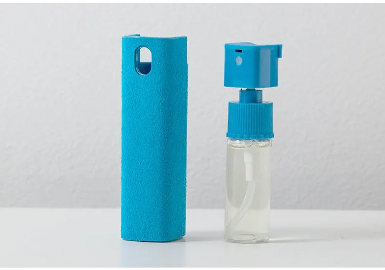 Blue LCD screen cleaner spray bottle 10ml with white cap next to a microfiber cloth