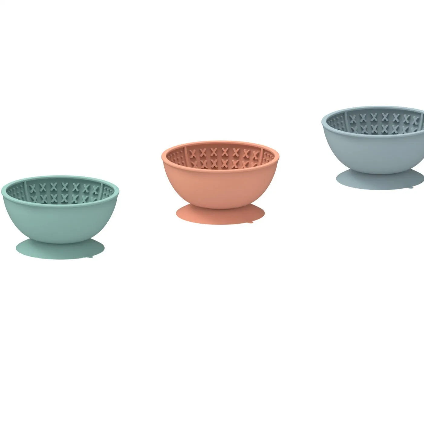 Cyan silicone dog bowl with textured slow-feeding surface and suction cup base.