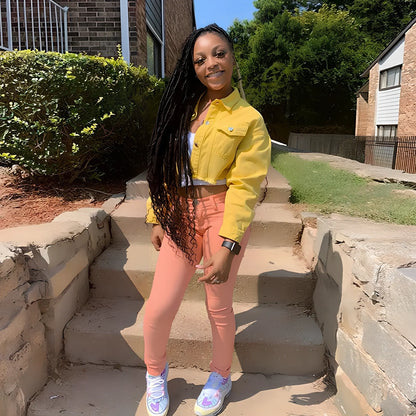 Orange cropped women's denim jacket with lapel collar, long sleeves 46cm, pockets, length 41cm, 0.35kg weight