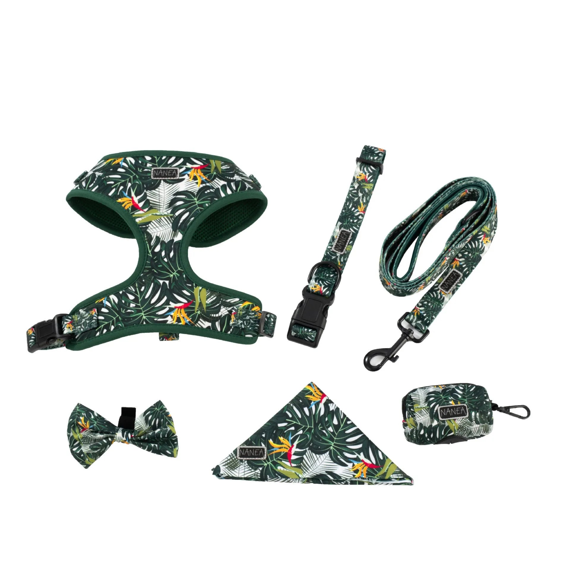 Adjustable cloth pet harness set with leash, collar, waste bag, bow tie, and scarf in six coordinated pieces