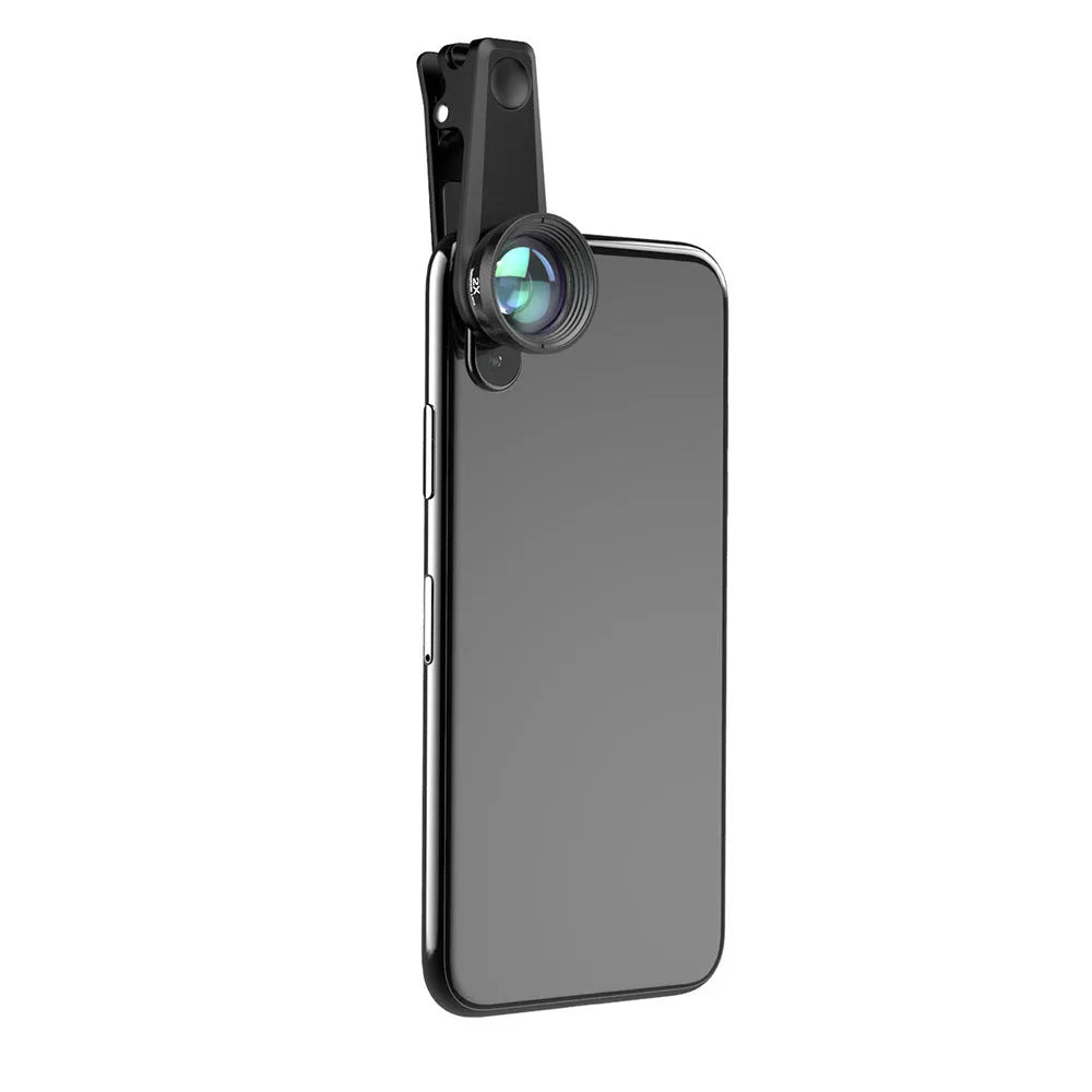 Black 6-in-1 universal smartphone lens kit with fisheye, macro, wide-angle, telephoto, CPL and star filter lenses and a clip.