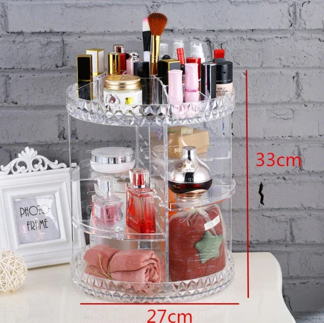 Diamond wave 360 Rotating Makeup Organizer with customizable shelves on a vanity