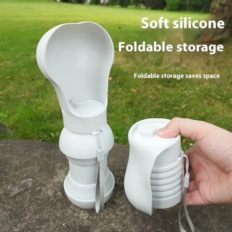 Silicone folding pet drinking cup shown collapsed and open, for dog travel.