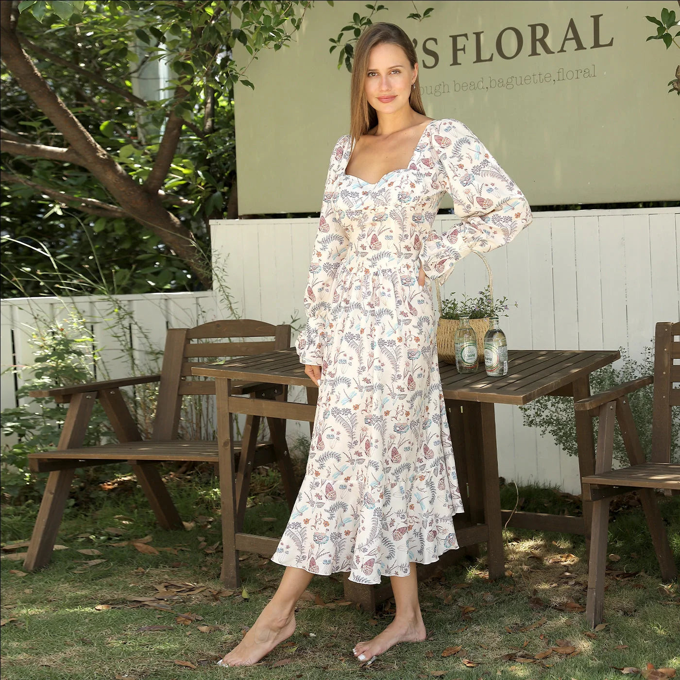 Women's square neck long sleeved printed floral dress in various sizes