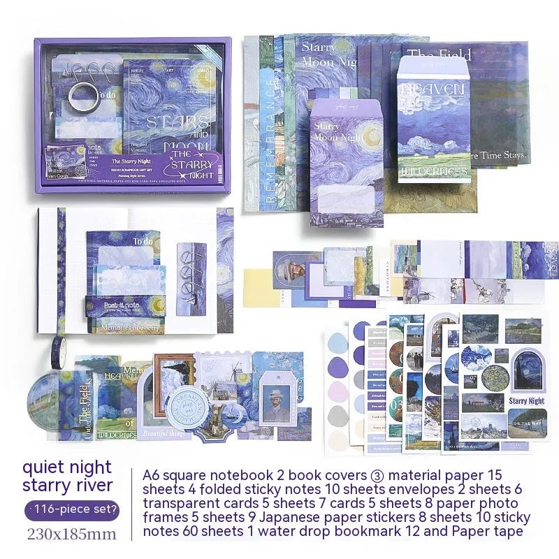 Hand Account Suit creative journal gift box showing A6 grid notebook with bookclothes and paper components including cards, photo frames, and stickers