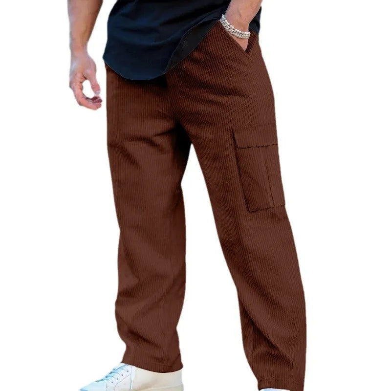 Men's straight-leg corduroy cargo trousers with elastic drawstring waist in multiple colour options