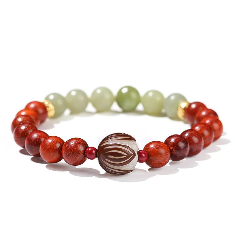 Red rosewood and gray jade women's bracelet with 8mm Bodhi Lotus charm in Chinese style geometric design