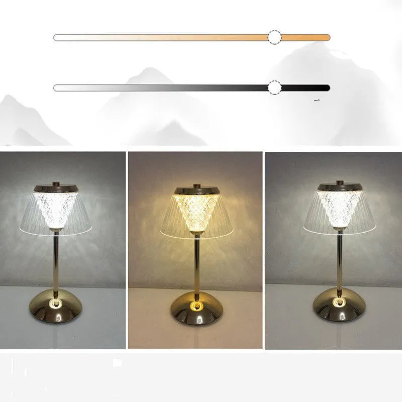 Romantic crystal table lamp with electroplated finish, acrylic shade, USB touch dimmer, three-color light, music and projection feature, 27cm x 12cm