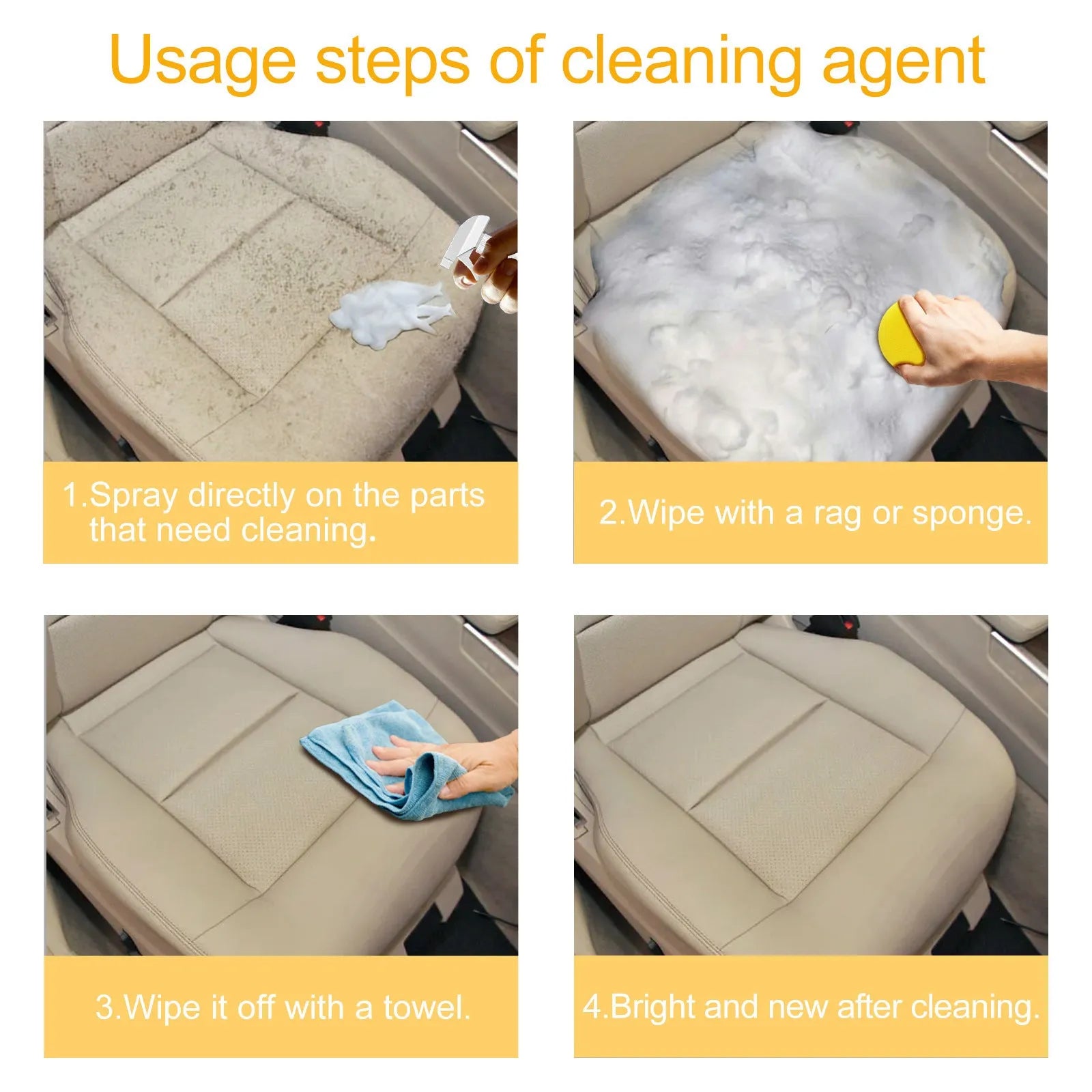 Car interior foamed cleaner bottle and applicator sponge for wash-free stain removal