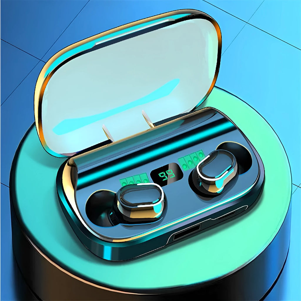 Black TWS XT01 Bluetooth earphones with charging case showing digital display