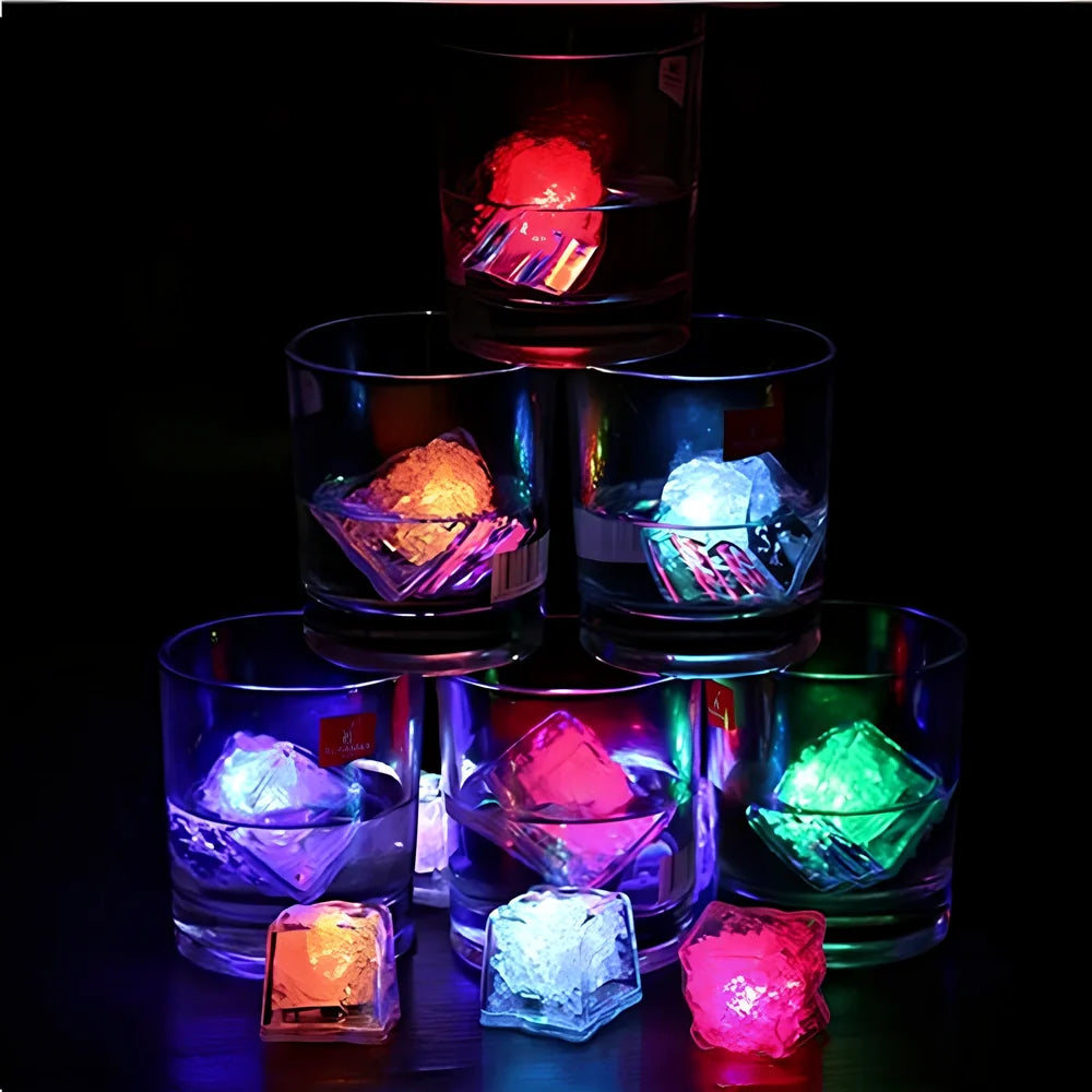 Square colourful LED light ice cube glowing in blue or pink, food-grade for safe drink use, battery-powered 5W