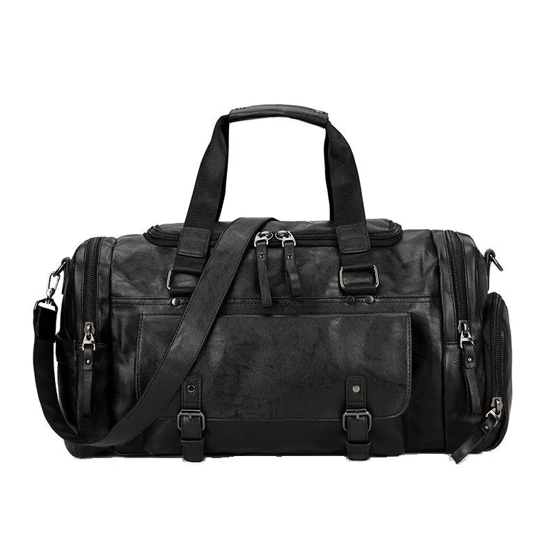 Black waterproof PU travel bag with a separate shoe compartment, shown with dimensions 52cm x 19cm x 27cm.
