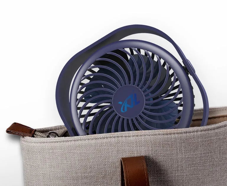 USB rechargeable desk fan with alarm clock display in blue, showing 360-degree rotation