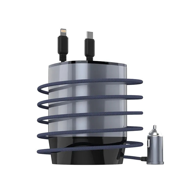 Car cup charger with retractable cable in original car gun grey matte black showing multiple charging ports