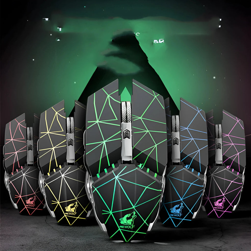 Black rechargeable wireless gaming mouse with six buttons on a desk next to a USB receiver.