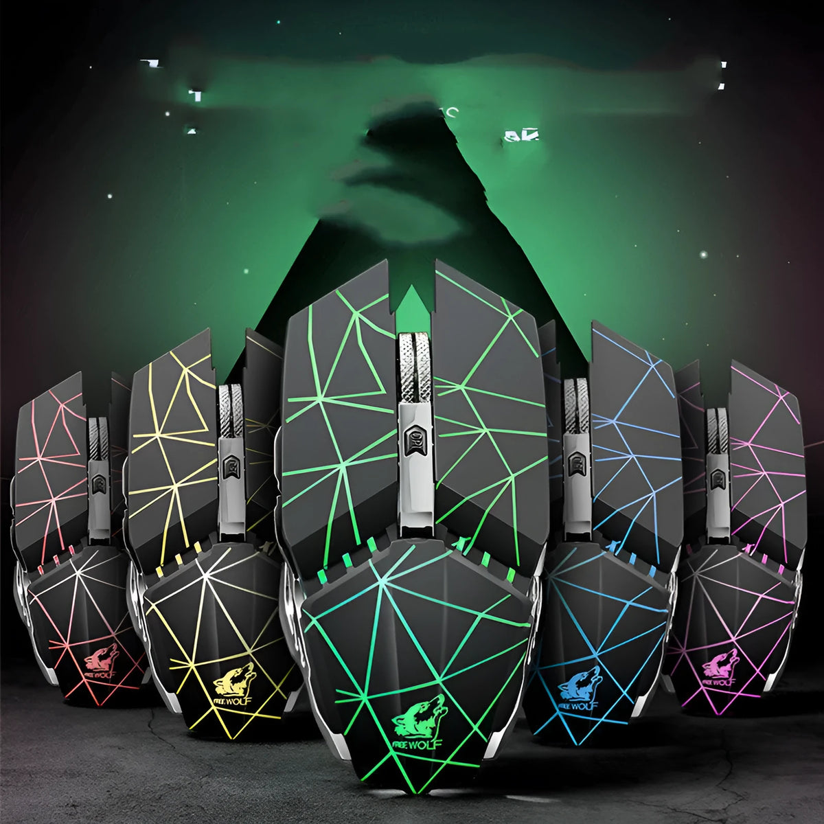 Black rechargeable wireless gaming mouse with six buttons on a desk next to a USB receiver.