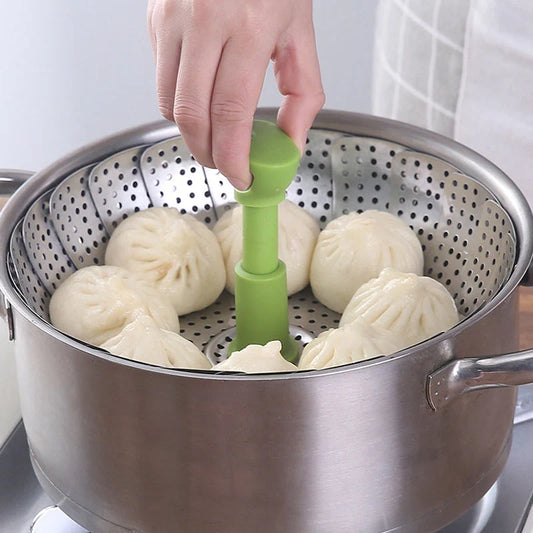 Adjustable stainless steel folding steamer with retractable lifting rod