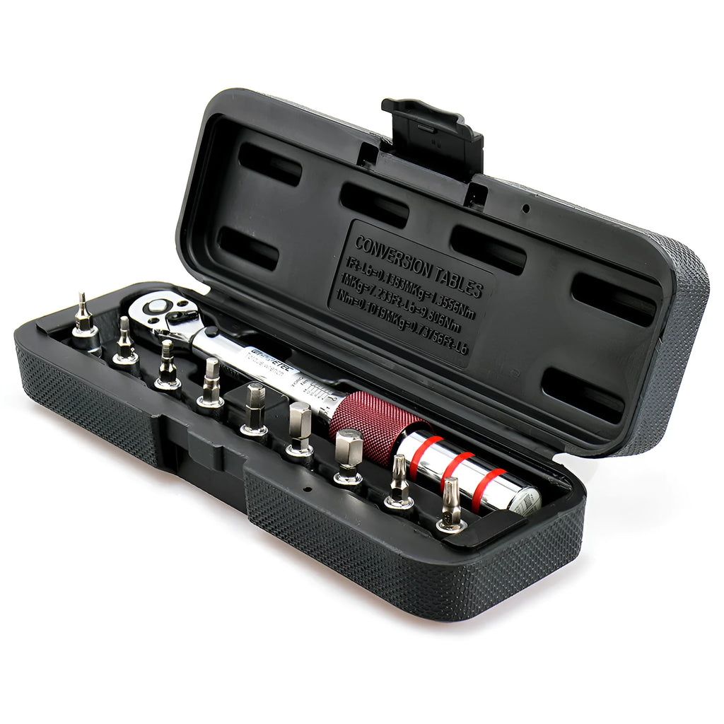 Tool steel torque wrench set with 1/4 inch square drive head and embossed scale