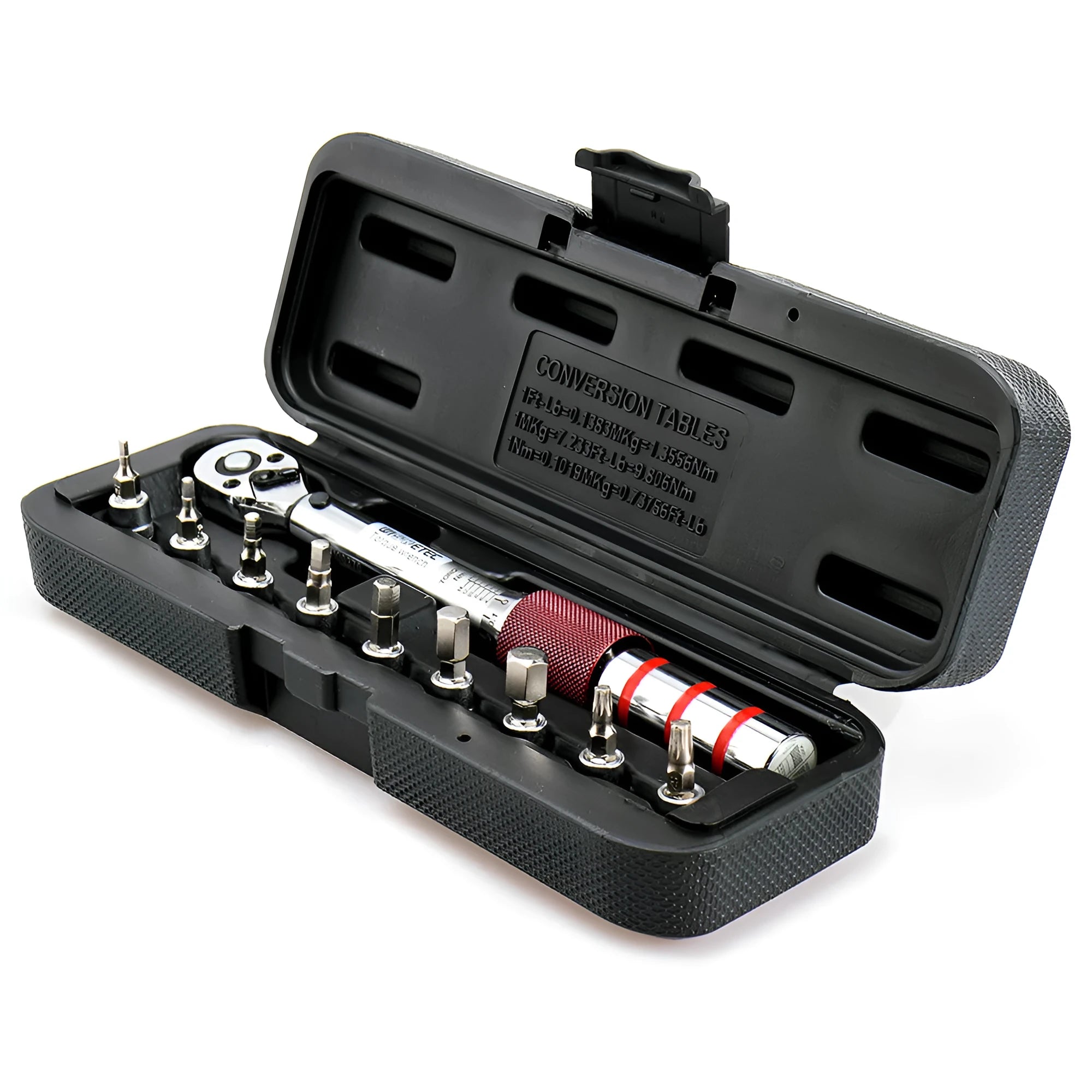 Tool steel torque wrench set with 1/4 inch square drive head and embossed scale