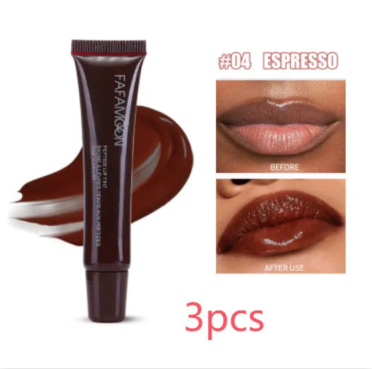 Glossy lip glaze in 10ml tube with water-resistant mirror finish, available in five colours including ribbon and espresso