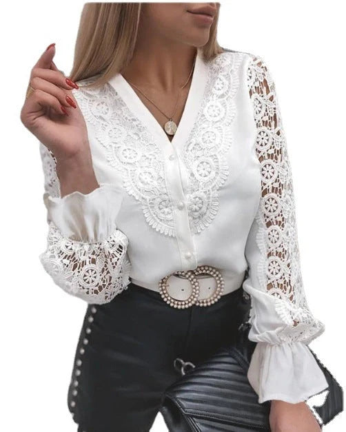 Women's lace long sleeve V-neck button shirt with floral panel and lace flare sleeves