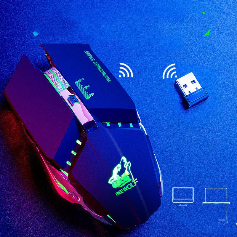 Black rechargeable wireless gaming mouse with six buttons on a desk next to a USB receiver.